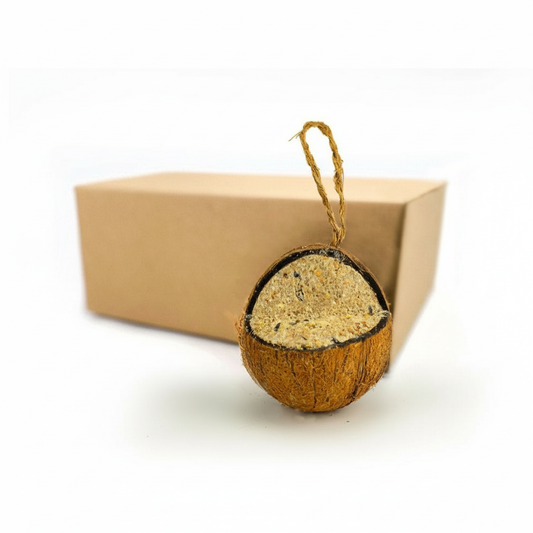 Sustainable quarter cut coconut filled with insect oil for wild birds - box of 12