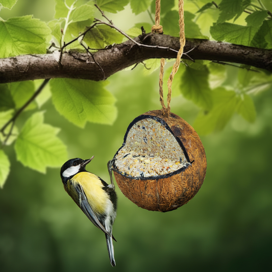 Quarter cut coconut bird feeder with insect oil - eco-friendly wild bird food
