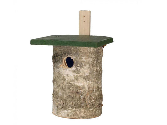 National Trust birch log nest box with 32 mm entrance and green roof, front-left angle, timber mounting batten.