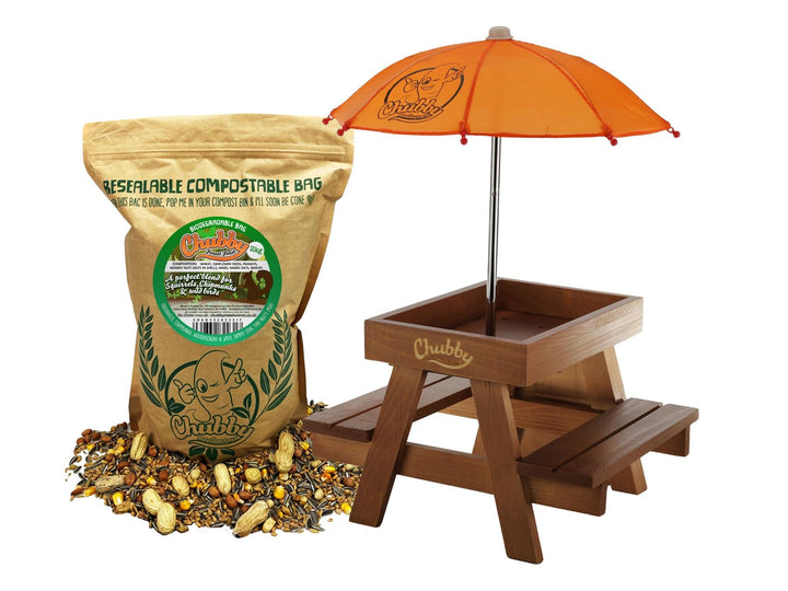 Chubby wooden squirrel picnic table feeder with bench and 2kg Forest Feast squirrel food bundle