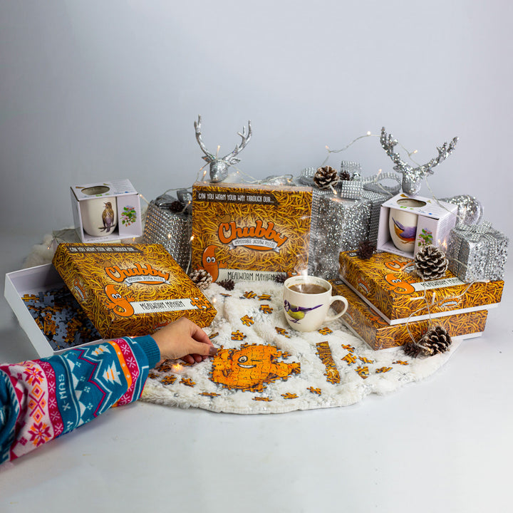 Chubby Mealworms Mayhem impossible jigsaw puzzle a perfect Christmas Gift in christmas setting