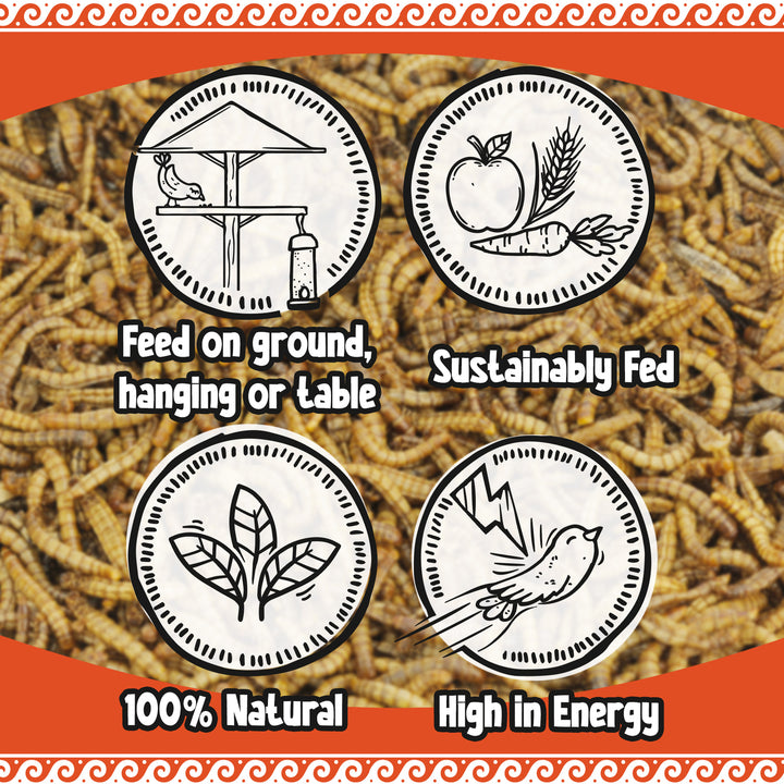High-quality EU-grown dried mealworms, not imported from China. Protein-rich food for hedgehogs, fish, and wild birds.
