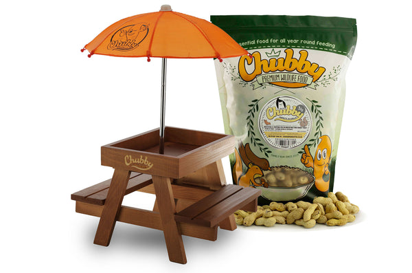 Chubby Wooden Squirrel Picnic Table Feeder & 1Kg Monkey Nuts
