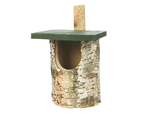 ildlife birch log open nest box with green timber roof and visible mounting batten