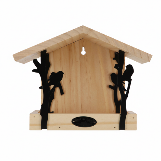 Wall mounted bird table with iron bird silhouettes - ideal for feeding mealworms and seeds to garden birds