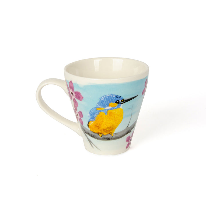 Kingfisher bird illustration on white ceramic mug designed by Myrte