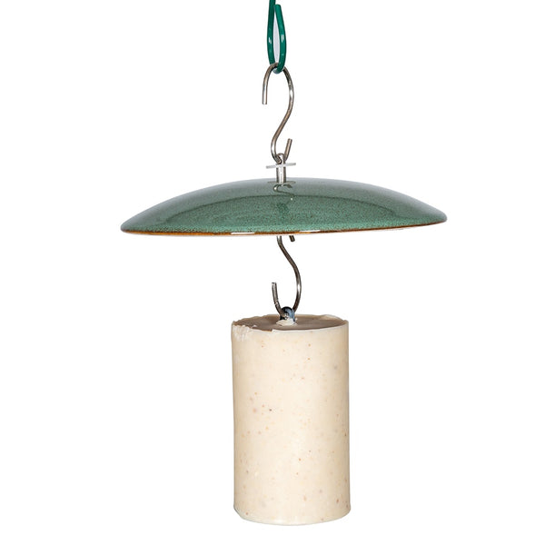CJ Wildlife Vierno Peanut Cake Feeder hanging in a garden with birds feeding
