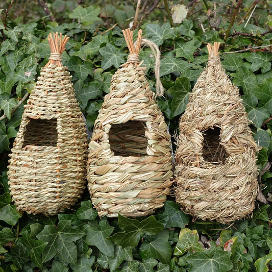 Tall roosting nest pocket for small wild birds in outdoor setting