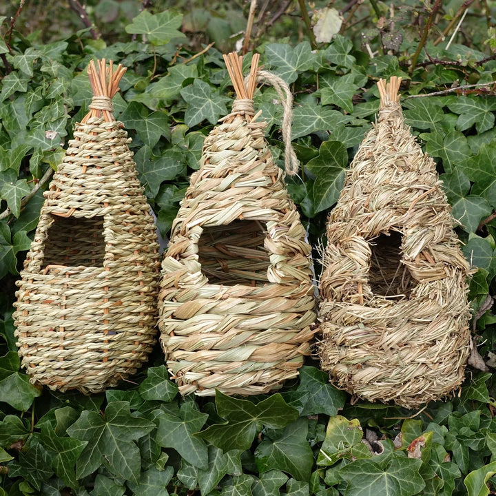 Tall roosting nest pocket for small wild birds in outdoor setting
