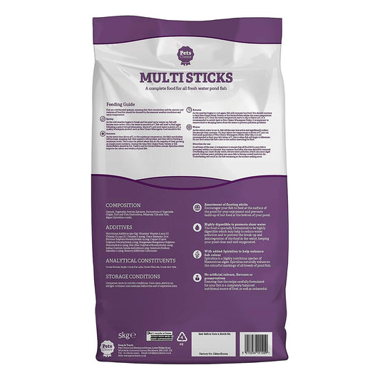 Pets Choice Multisticks 5kg back of pack showing feeding guide, composition, additives and storage instructions