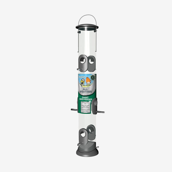 Peckish All Weather Giant Seed Feeder product image showing full-length metal and clear plastic bird feeder with six ports.